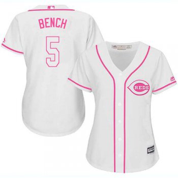 Reds #5 Johnny Bench White Pink Fashion Women's Stitched Baseball Jersey
