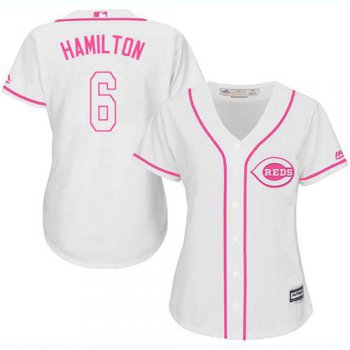 Reds #6 Billy Hamilton White Pink Fashion Women's Stitched Baseball Jersey
