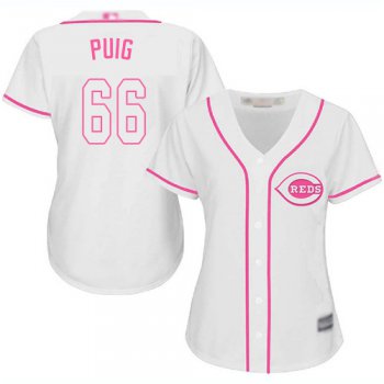 Reds #66 Yasiel Puig White Pink Fashion Women's Stitched Baseball Jersey
