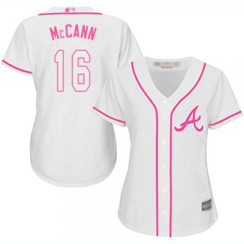 Braves #16 Brian McCann White Pink Fashion Women's Stitched Baseball Jersey