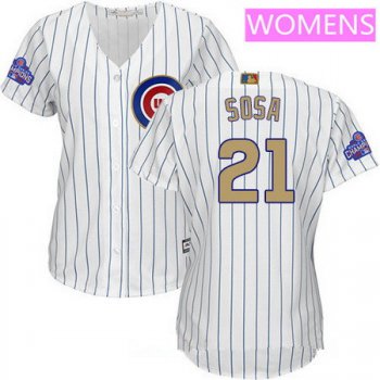 Women's Chicago Cubs #21 Sammy Sosa White World Series Champions Gold Stitched MLB Majestic 2017 Cool Base Jersey