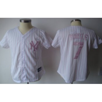 New York Yankees #7 Mantle White With Pink Pinstripe Womens Jersey