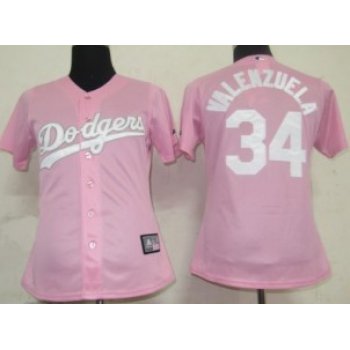 Los Angeles Dodgers #34 Valenzuela Pink With White Womens Jersey