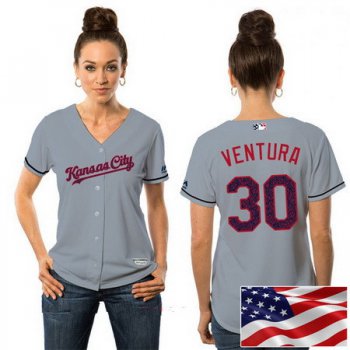 Women's Kansas City Royals #30 Yordano Ventura Gray Stars & Stripes Fashion Independence Day Stitched MLB Majestic Cool Base Jersey