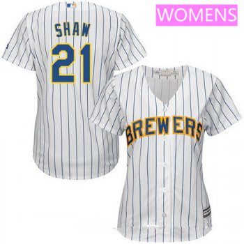 Women's Milwaukee Brewers #21 Travis Shaw White Pinstripe Home Stitched MLB Majestic Cool Base Jersey