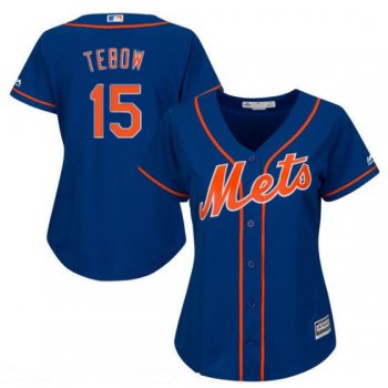 Women's New York Mets #15 Tim Tebow Blue With Orange Stitched MLB Majestic Cool Base Jersey