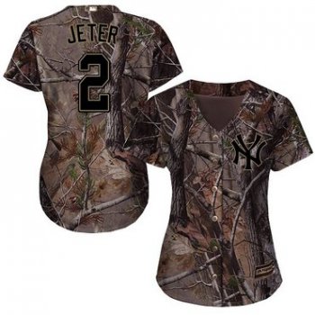 New York Yankees #2 Derek Jeter Camo Realtree Collection Cool Base Women's Stitched Baseball Jersey