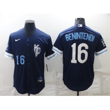 Men's Kansas City Royals #16 Andrew Benintendi Number 2022 Navy Blue City Connect Cool Base Stitched Jersey