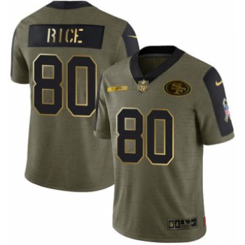 Men's Olive San Francisco 49ers #80 Jerry Rice 2021 Camo Salute To Service Golden Limited Stitched Jersey