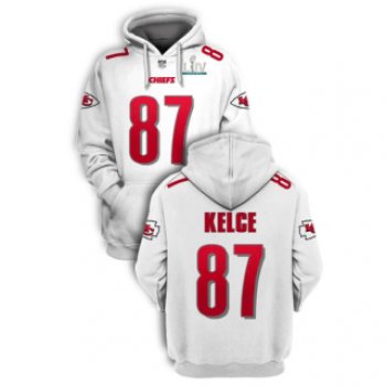 Men's White Kansas City Chiefs #87 Travis Kelce 2021 Super Bowl LIV Pullover Hoodie