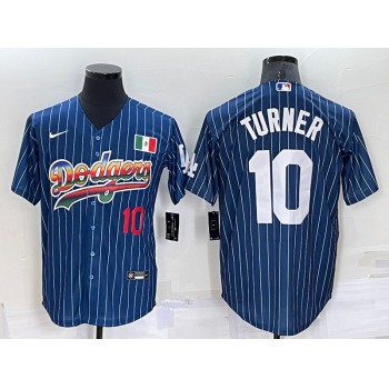 Mens Los Angeles Dodgers #10 Justin Turner Number Rainbow Blue Red Pinstripe Mexico Cool Base Nike Jersey