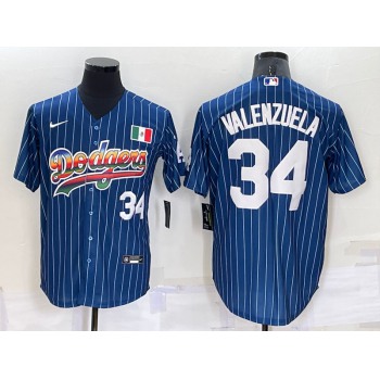 Men's Los Angeles Dodgers #34 Fernando Valenzuela Number Rainbow Blue Red Pinstripe Mexico Cool Base Nike Jersey