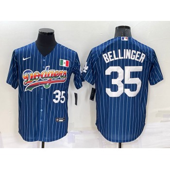 Mens Los Angeles Dodgers #35 Cody Bellinger Number Navy Blue Pinstripe Mexico 2020 World Series Cool Base Nike Jersey