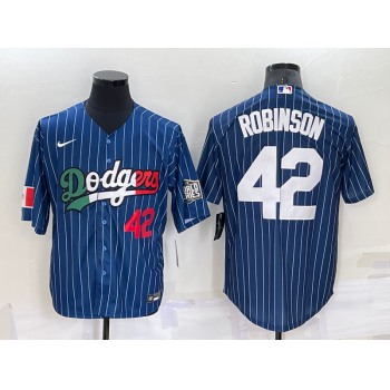 Mens Los Angeles Dodgers #42 Jackie Robinson Number Navy Blue Pinstripe 2020 World Series Cool Base Nike Jersey
