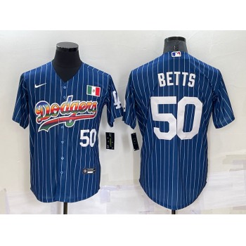 Mens Los Angeles Dodgers #50 Mookie Betts Number Rainbow Blue Red Pinstripe Mexico Cool Base Nike Jersey