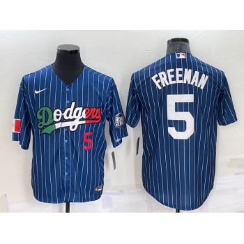 Mens Los Angeles Dodgers #5 Freddie Freeman Number Navy Blue Pinstripe 2020 World Series Cool Base Nike Jersey