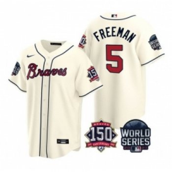 Men Atlanta Braves 5 Freddie Freeman 2021 Cream World Series With 150th Anniversary Patch Cool Base Stitched Jersey