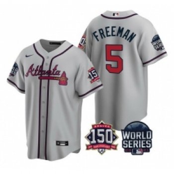 Men Atlanta Braves 5 Freddie Freeman 2021 Gray World Series With 150th Anniversary Patch Cool Base Stitched Jersey