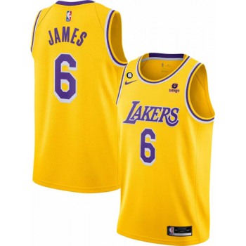 Men's Los Angeles Lakers #6 LeBron James Yellow No.6 Patch Stitched Basketball Jersey