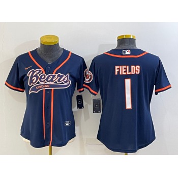 Women's Chicago Bears #1 Justin Fields Navy With Patch Cool Base Stitched Baseball Jersey