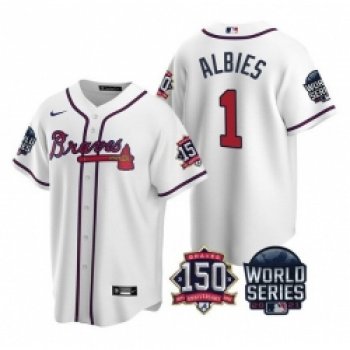 Men Atlanta Braves 1 Ozzie Albies 2021 White World Series With 150th Anniversary Patch Cool Base Stitched Jersey