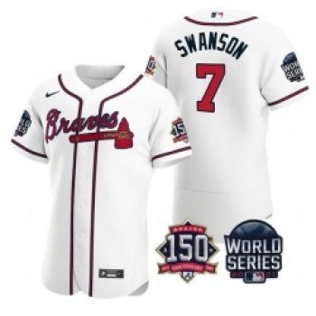 Men Atlanta Braves 7 Dansby Swanson 2021 White World Series With 150th Anniversary Patch Stitched Baseball Jersey