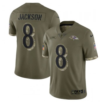 Men's Baltimore Ravens #8 Lamar Jackson 2022 Olive Salute To Service Limited Stitched Jersey