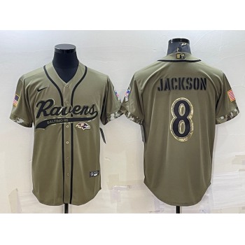 Men's Baltimore Ravens #8 Lamar Jackson Olive 2022 Salute to Service Cool Base Stitched Baseball Jersey