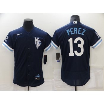 Men's Kansas City Royals #13 Salvador Perez 2022 Navy City Connect Flex Base Stitched MLB Jersey