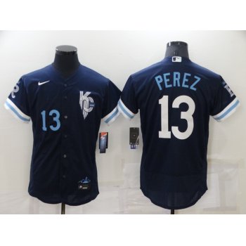 Men's Kansas City Royals #13 Salvador Perez Number 2022 Navy City Connect Flex Base Stitched MLB Jersey