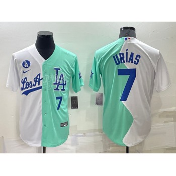 Men's Los Angeles Dodgers #7 Julio Urias White Green Number 2022 Celebrity Softball Game Cool Base Jersey1