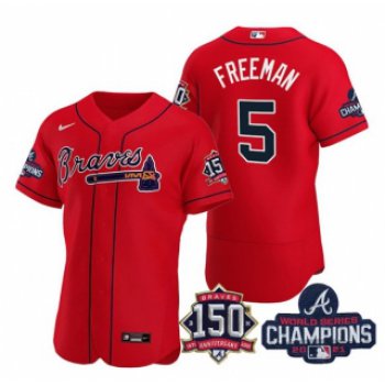 Men's Red Atlanta Braves #5 Freddie Freeman 2021 World Series Champions With 150th Anniversary Flex Base Stitched Jersey