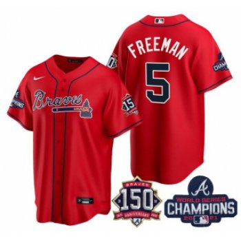 Men's Red Atlanta Braves #5 Freddie Freeman 2021 World Series Champions With 150th Anniversary Patch Cool Base Stitched Jersey