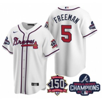 Men's White Atlanta Braves #5 Freddie Freeman 2021 World Series Champions With 150th Anniversary Patch Cool Base Stitched Jersey