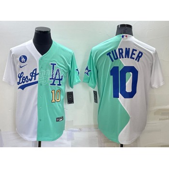 Mens Los Angeles Dodgers #10 Justin Turner White Green Number 2022 Celebrity Softball Game Cool Base Jersey