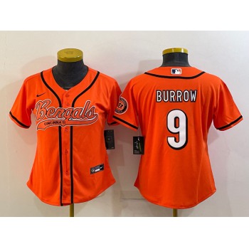 Women's Cincinnati Bengals #9 Joe Burrow Orange With Patch Cool Base Stitched Baseball Jersey