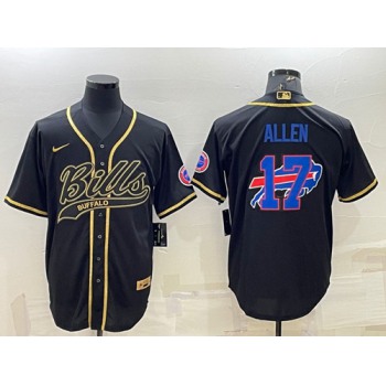 Mens Buffalo Bills #17 Josh Allen Black Gold Team Big Logo With Patch Cool Base Stitched Baseball Jersey