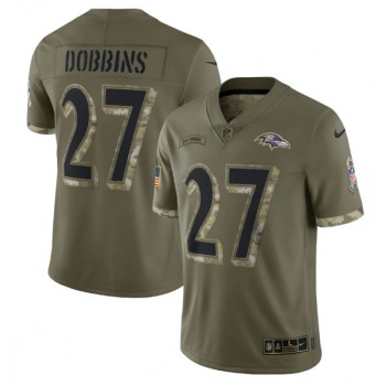 Men's Baltimore Ravens #27 J.K. Dobbins 2022 Olive Salute To Service Limited Stitched Jersey