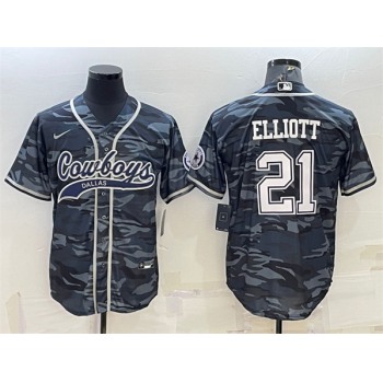 Men's Dallas Cowboys #21 Ezekiel Elliott Gray Camo With Patch Cool Base Stitched Baseball Jersey