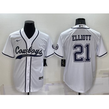 Men's Dallas Cowboys #21 Ezekiel Elliott White Stitched Cool Base Nike Baseball Jersey