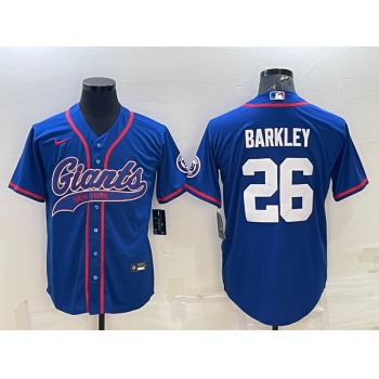 Men's New York Giants #26 Saquon Barkley Blue With Patch Cool Base Stitched Baseball Jersey