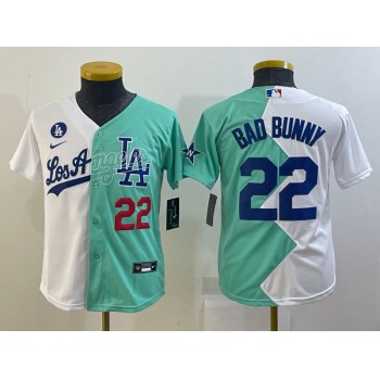Youth Los Angeles Dodgers #22 Bad Bunny White Green Two Tone 2022 Celebrity Softball Game Cool Base Jersey2