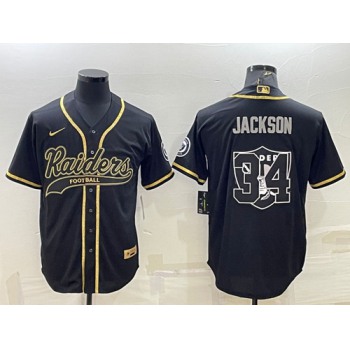 Men's Las Vegas Raiders #34 Bo Jackson Black Gold Team Big Logo With Patch Cool Base Stitched Baseball Jersey
