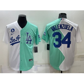 Men's Los Angeles Dodgers #34 Fernando Valenzuela White Green Two Tone 2022 Celebrity Softball Game Cool Base Jersey