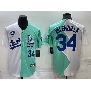 Mens Los Angeles Dodgers #34 Fernando Valenzuela White Green Number 2022 Celebrity Softball Game Cool Base Jersey