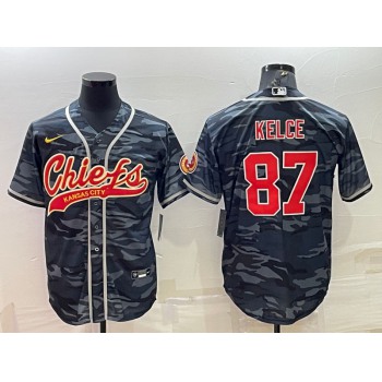 Men's Kansas City Chiefs Blank #87 Travis Kelce Grey Navy Camo With Patch Cool Base Stitched Baseball Jersey
