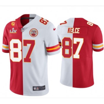 Men's Kansas City Chiefs #87 Travis Kelce Red White Split Vapor Limited 2021 Super Bowl LIV Stitched Jersey