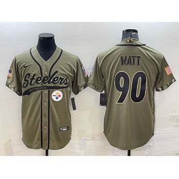 Men's Pittsburgh Steelers #90 TJ Watt Olive 2022 Salute to Service Cool Base Stitched Baseball Jersey