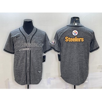 Men's Pittsburgh Steelers Grey Gridiron Team Big Logo Cool Base Stitched Baseball Jersey