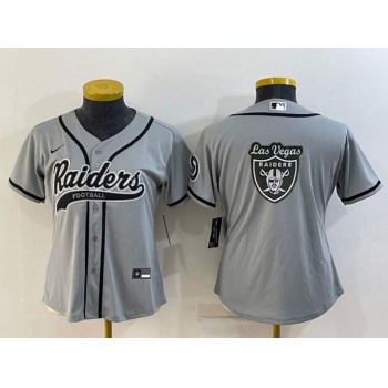 Women's Las Vegas Raiders Grey Team Big Logo With Patch Cool Base Stitched Baseball Jersey